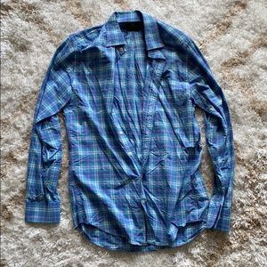 Blue Plaid Button Up w/ Coral Stripes